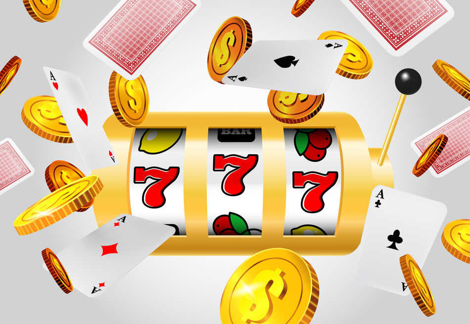 Lucky seven slot machine, flying aces and golden coins on grey background. Casino business advertising design. For posters, banners, leaflets and brochures.