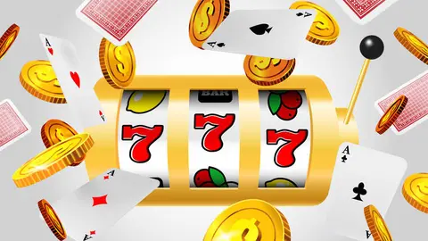 Lucky seven slot machine, flying aces and golden coins on grey background. Casino business advertising design. For posters, banners, leaflets and brochures.